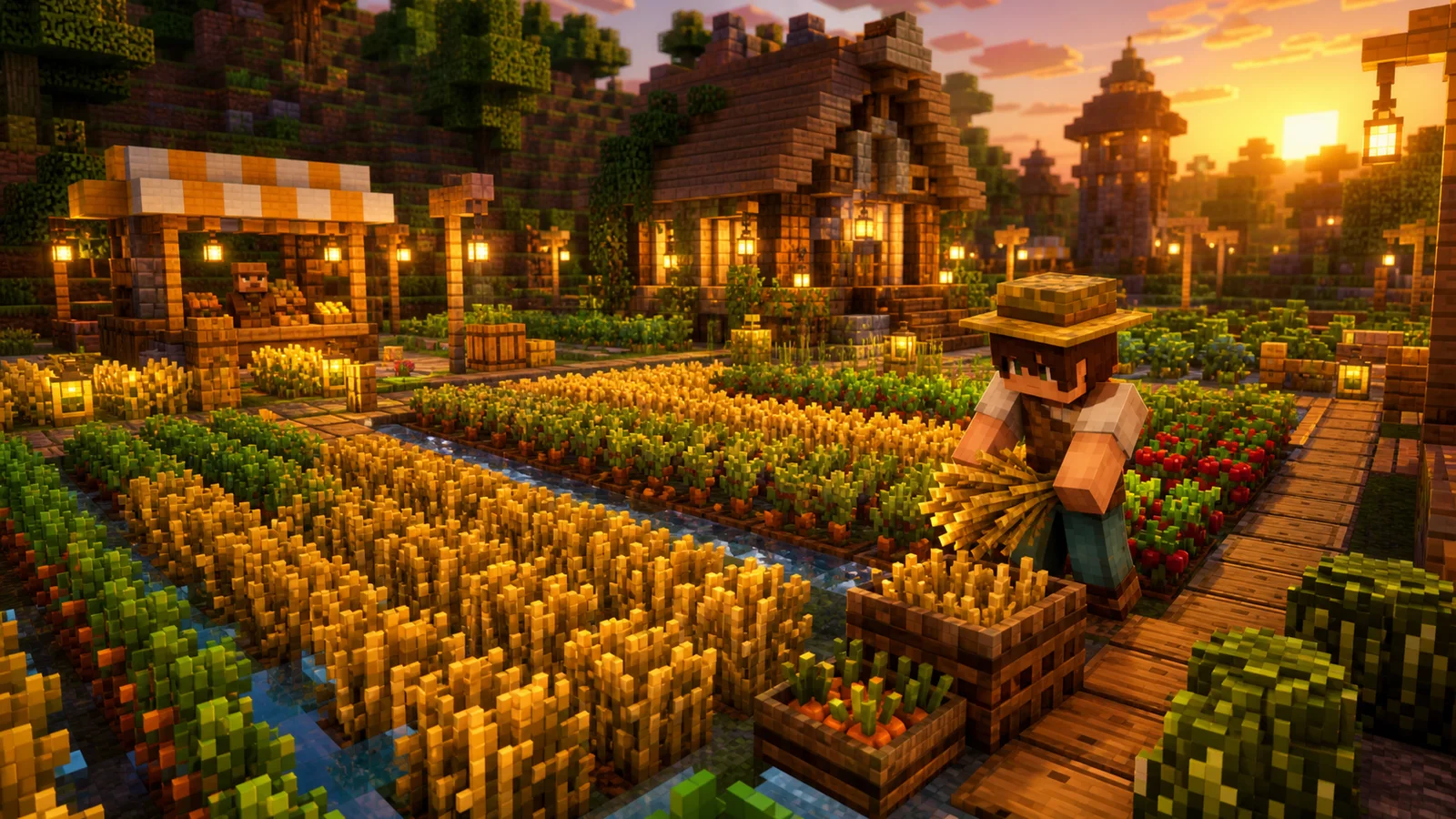 Custom crops growing in a warm voxel farm